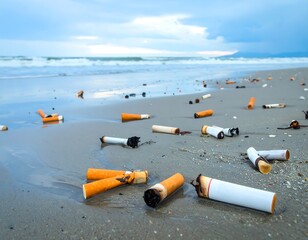 Cigarette butts litter a beach