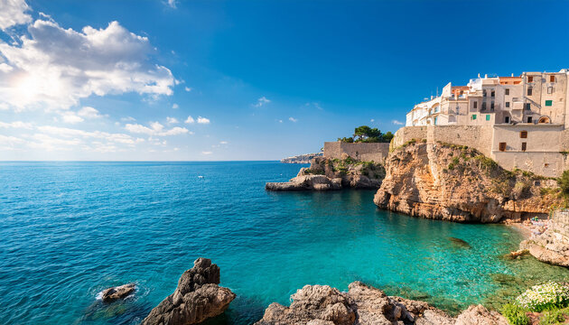 breathtaking mediterranean coastal landscape with turquoise waters and stunning cliffside architecture generative ai - Powered by Adobe