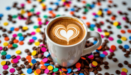 Latte art heart creation coffee shop beverage photography colorful environment close-up view artistic concept