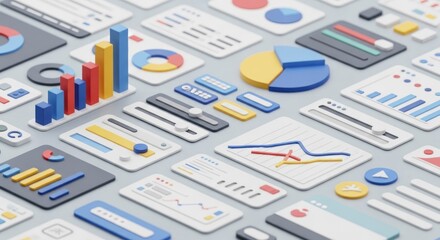 Collection of data visualization elements.  A variety of charts, graphs, and interactive components, including bar charts, pie charts, and sliders.  Organized grid pattern