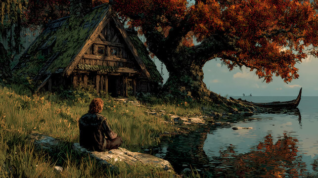 Contemplation by the Ancient Tree and Lake.