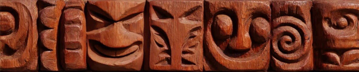 Intricate wooden carvings reveal mischievous faces, celebrating Maori Matariki festival, artful whispers of hidden ancestral tales