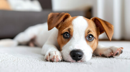 Obraz premium Cute puppy lying on soft carpet, looking curiously at camera with big, expressive eyes. This adorable pet exudes warmth and playfulness