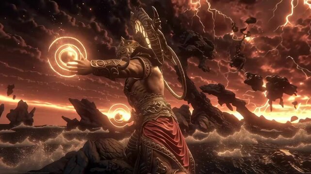Powerful Deity Fighting in Fire Storm Epic Mythology