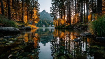 A serene forest scene with a calm lake reflecting the golden sunlight filtering through the tall pine trees at sunset
