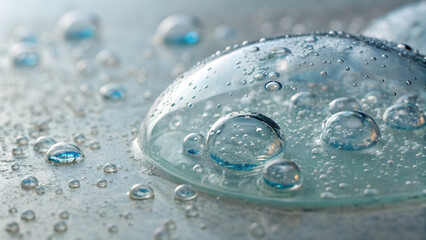 Marine Biotech Skincare Close-up of transparent soap bubbles on a smooth surface with a soft blue tint.