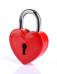 A heart-shaped padlock, brilliant red with a polished silver keyhole, sits against a pure white background.
