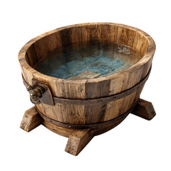 Fototapeta premium Rustic wooden bath barrel filled with refreshing water, perfect for a relaxing spa experience or outdoor setting.