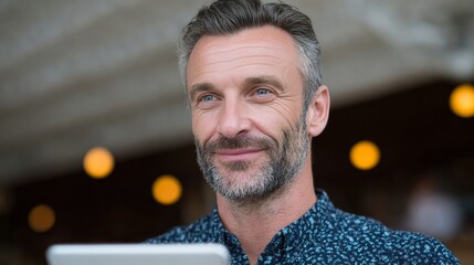 A thoughtful Caucasian man with a serene smile, embracing digital nostalgia, cozy ambiance, reflecting on World Photography Day