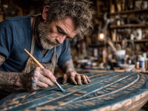 Skilled artisan with a beard meticulously painting intricate details onto a wooden surfboard in his workshop
