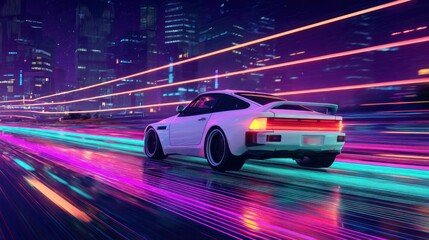 Fototapeta premium Retro futuristic city car at night