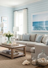Coastal living room ambiance with serene light blue walls and beach-inspired decor
