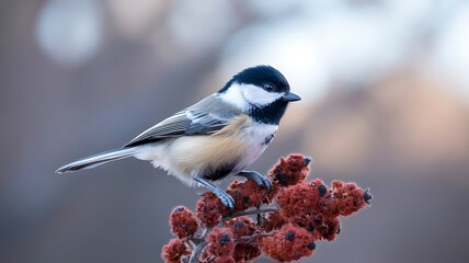 Obraz premium Black capped chickadee perched on a branch with berries