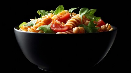Fresh rotini pasta ensconced in a shadowy bowl, twirls with verdant arugula and tangy tomatoes; perfect for World Vegetarian Day or Mediterranean feast