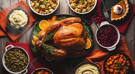 A beautifully roasted Thanksgiving turkey centerpiece surrounded by classic side dishes like mashed potatoes, stuffing, green beans, cranberry sauce, and pumpkin pie.