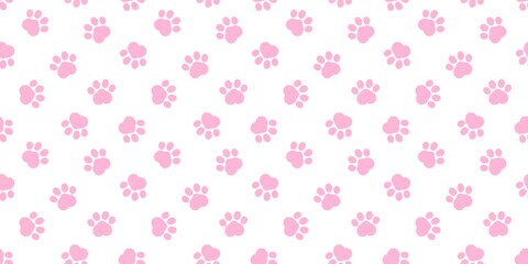 Seamless pattern of cute paw print on pastel pink. Dog and cat paw footprint.
