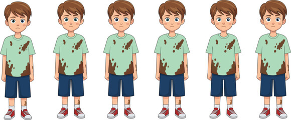 Dirty to clean boy, cartoon character, hygiene concept, emotional expression, sock mismatch, child illustration, progressive cleanliness, educational design, isolated white background