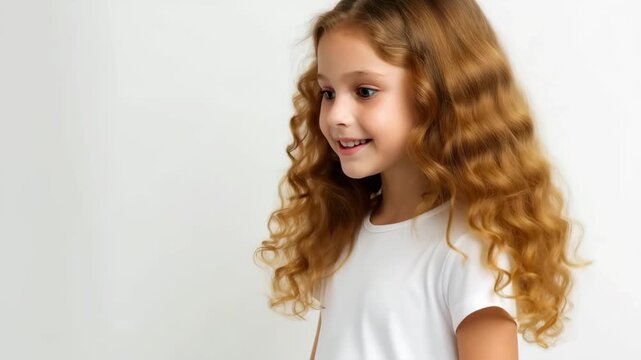Portrait of young curly-haired girl smiling in white studio background. Natural child expression, innocence, authentic emotion and childhood lifestyle.
