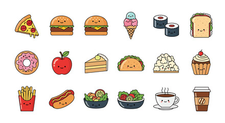 Cute Cartoon Food Icons Pizza, Burger, Sushi, and More