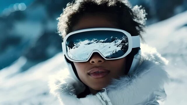 African American woman in white professional ski outfit with goggles in snowy mountain landscape. Concept of winter sport, skiing, snowboarding and holiday.