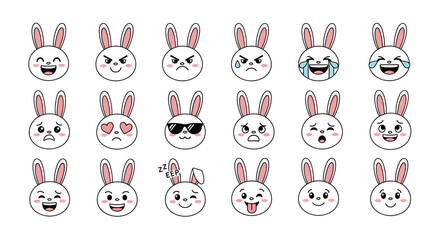 Obraz premium A delightful collection of cartoon rabbit faces showcasing a wide spectrum of emotions, from pure joy to thoughtful contemplation, perfect for conveying various moods in visual designs