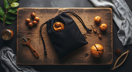 Rustic Still Life - Dark Pouch, Golden Nuts, Wooden Board, Moody Lighting, Overhead View.