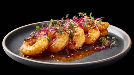 Glistening shrimp with spicy glaze, garnished with microgreens, Asian New Year feast, vibrant umami explosion, culinary artistry celebration