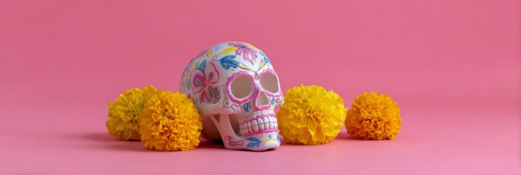 Colorful sugar skull amidst vibrant marigolds celebrates Dia de los Muertos, remembering ancestral spirits with joyful reverence