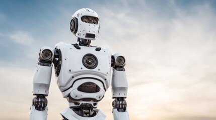 Naklejka premium Futuristic robot gazes skyward, embodying digital transcendence, World Robot Day, tech symbiosis, blending humankind with innovation's spirit