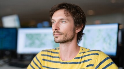 Fototapeta premium A Caucasian male, immersed in digital cartography, gazes thoughtfully, echoing World GIS Day curiosity, tech wizardry unfold