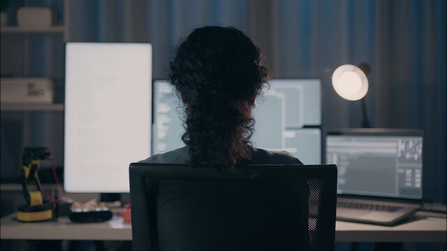 Back view of a professional female engineer working late at night on multiple monitors, coding artificial intelligence and robotics, cybersecurity, innovation, and modern technology.