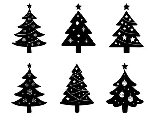 Black and White Christmas Tree Silhouette Vector Set with Festive Lights, Decoration, Ornaments, Garlands, Stars, Baubles, and Patterns