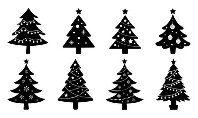Black and White Christmas Tree Silhouette Vector Set with Festive Lights, Decoration, Ornaments, Garlands, Stars, Baubles, and Patterns
