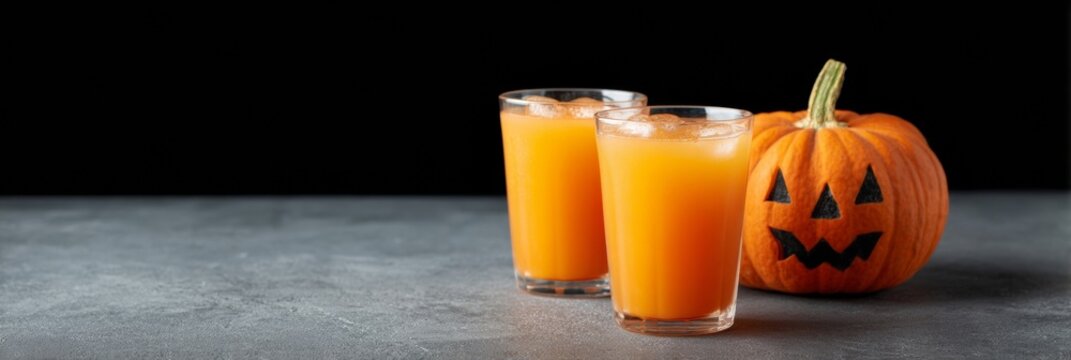 Chilled orange elixir shimmers beside a grinning pumpkin lantern, conjuring Halloween's whimsical zest and Dia de los Muertos vibrance