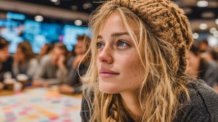 Portrait of a young woman with blonde hair and freckles, wearing a knitted hat, looking thoughtfully into the distance indoors