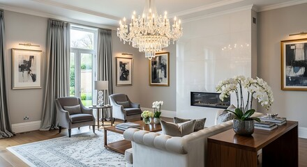 Elegant living room featuring a chandelier, fireplace, and modern art pieces