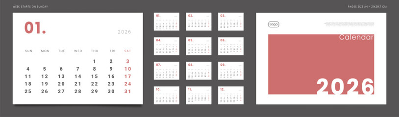 Obraz premium Set of 2026 Pages Monthly Calendar Planner Templates, Cover with Place for Photo, Company Logo. Vector pages for wall or desk calendar in minimal style. Page size A4 for Print. Week start on Sunday