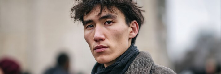 Pensive young Asian man in autumn scarf, embodying invigorating Wandelust Day spirit and National Book Lovers Month, cityscape blurred