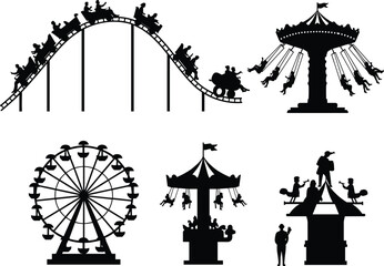 Amusement park silhouettes, roller coaster, ferris wheel, swing ride, carnival funfair, theme park attractions, outdoor entertainment, family fun, fairground vector illustration, rides design