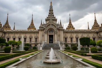 Obraz premium Majestic Architectural Grandeur: An imposing building, featuring an intricate design, water fountains and meticulous landscaping. under a cloudy sky. evoking a sense of history and cultural heritage.