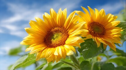 Obraz premium Close-up of vibrant yellow sunflowers in full bloom against bright blue sky, summer floral background with green leaves