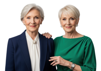 Two distinguished senior caucasian women, one in navy blazer, one in emerald dress, smiling confidently, side-by-side against a pristine transparent background. Concept of enduring female