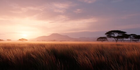 Fototapeta premium Breathtaking sunrise over golden savanna. Rolling hills and scattered trees create a serene landscape. Perfect for nature lovers and landscape enthusiasts. Explore the beauty of wilderness. AI