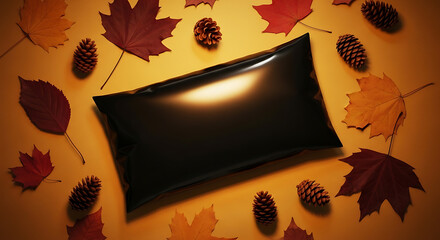 Glossy Black Pillow Surrounded by Autumn Leaves and Pine Cones, Warm Lighting.