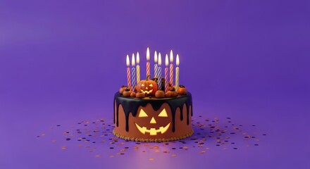 Festive Halloween birthday cake with candles and confetti on purple background