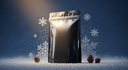 Sleek Black Stand-Up Pouch Mockup on Snowy Ground with Pine Cones and Digital Snowflakes, Soft Winter Light.