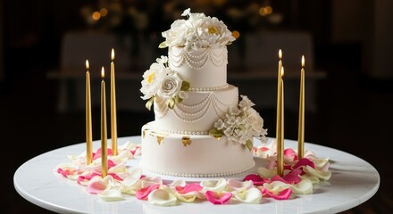 Exquisite tiered cake with delicate floral accents and golden candles illuminating the table