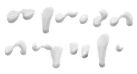 Sun lotion falling drops, tanning cream puddle, white skincare product isolated on white, top view, clipping path