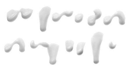 Sun lotion falling drops, tanning cream puddle, white skincare product isolated on white, top view, clipping path