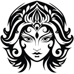Elegant Tribal Tattoo Design of a Woman's Face Adorned with Ornate Headwear and Flowing Hair in a Striking Black and White Palette